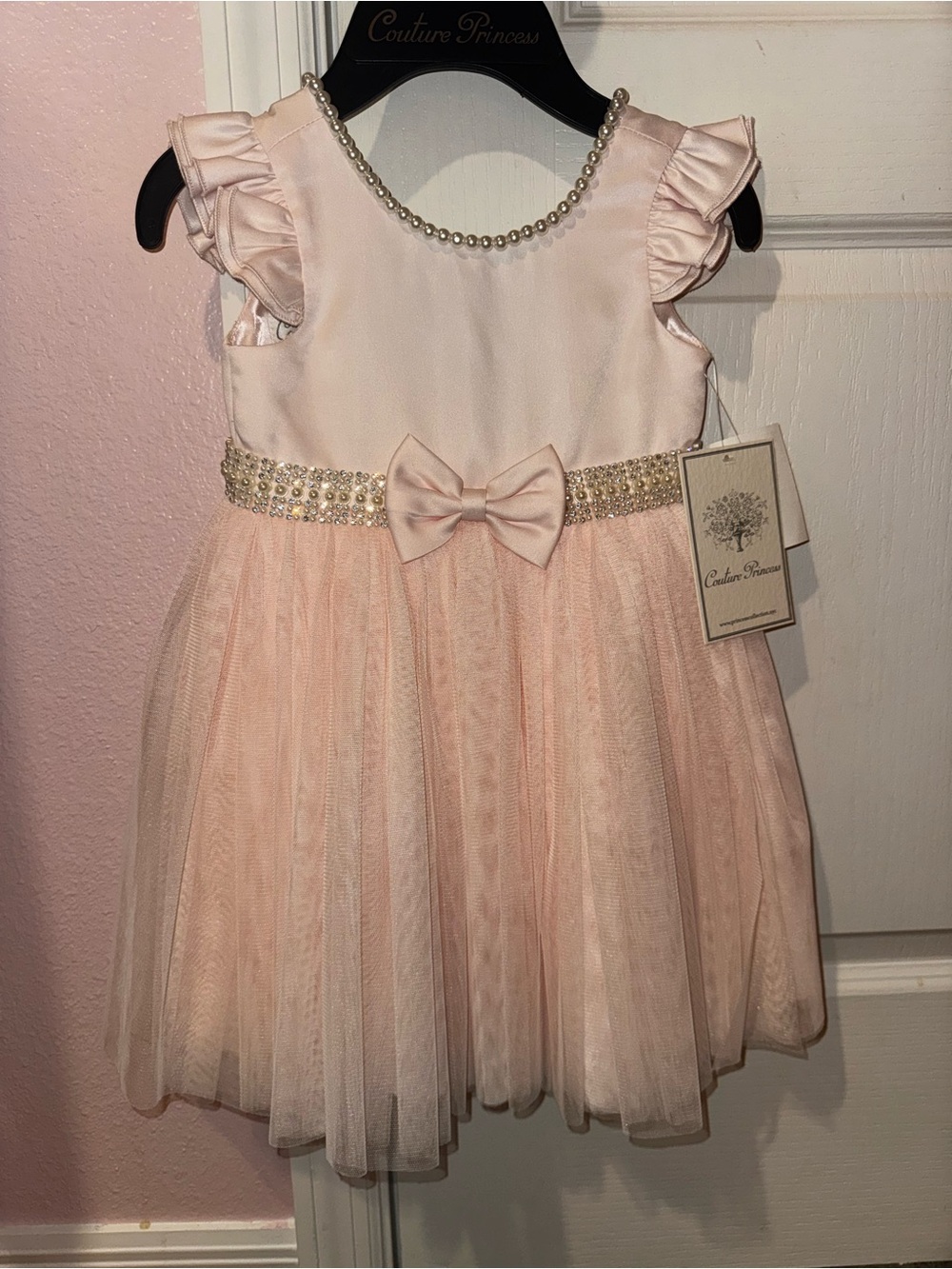 Couture Princess Pearl-Trim Pink Tulle Party Dress for Girls